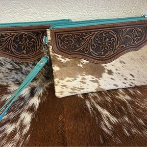 1 Cowhide and Tooled Leather Clutch with Turquoise Accents